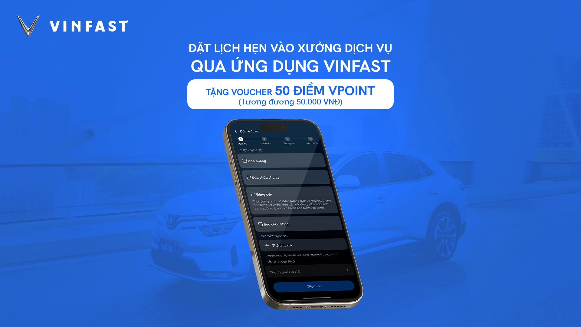 VinFast tặng 50 điểm VPoint cho mỗi lịch hẹn tới xưởng dịch vụ đặt trước thành công qua ứng dụng VinFast